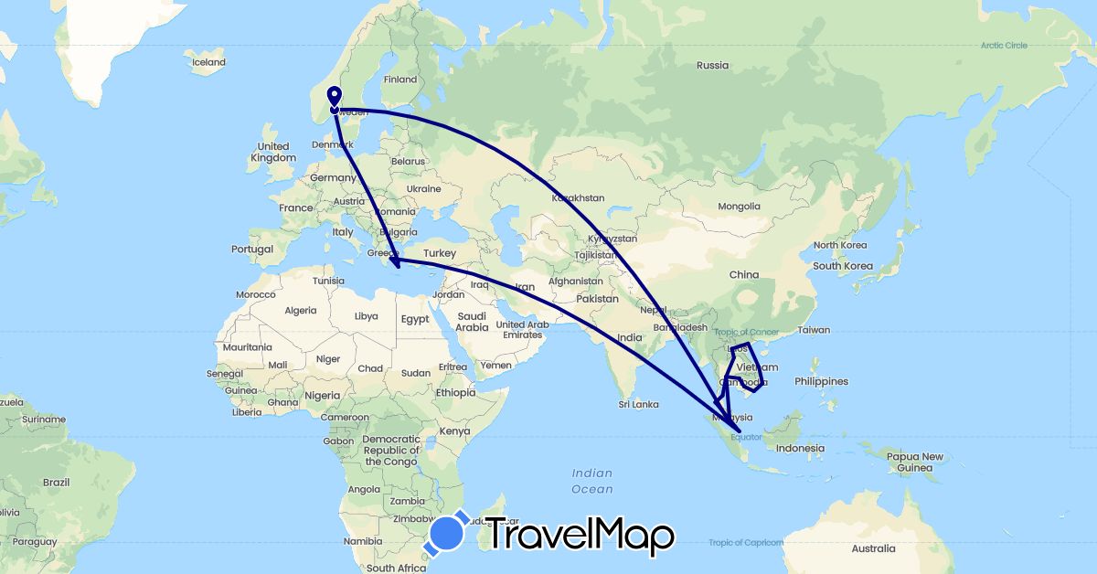 TravelMap itinerary: driving in Denmark, Greece, Cambodia, Laos, Malaysia, Norway, Singapore, Thailand, Vietnam (Asia, Europe)